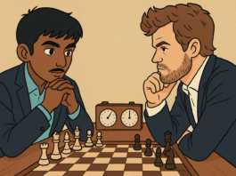D Gukesh and Magnus Playing Chess